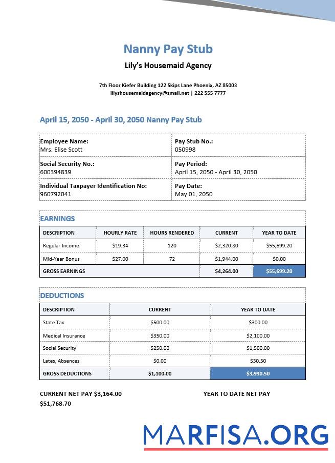 Downloadable Nanny Pay Stub sample
